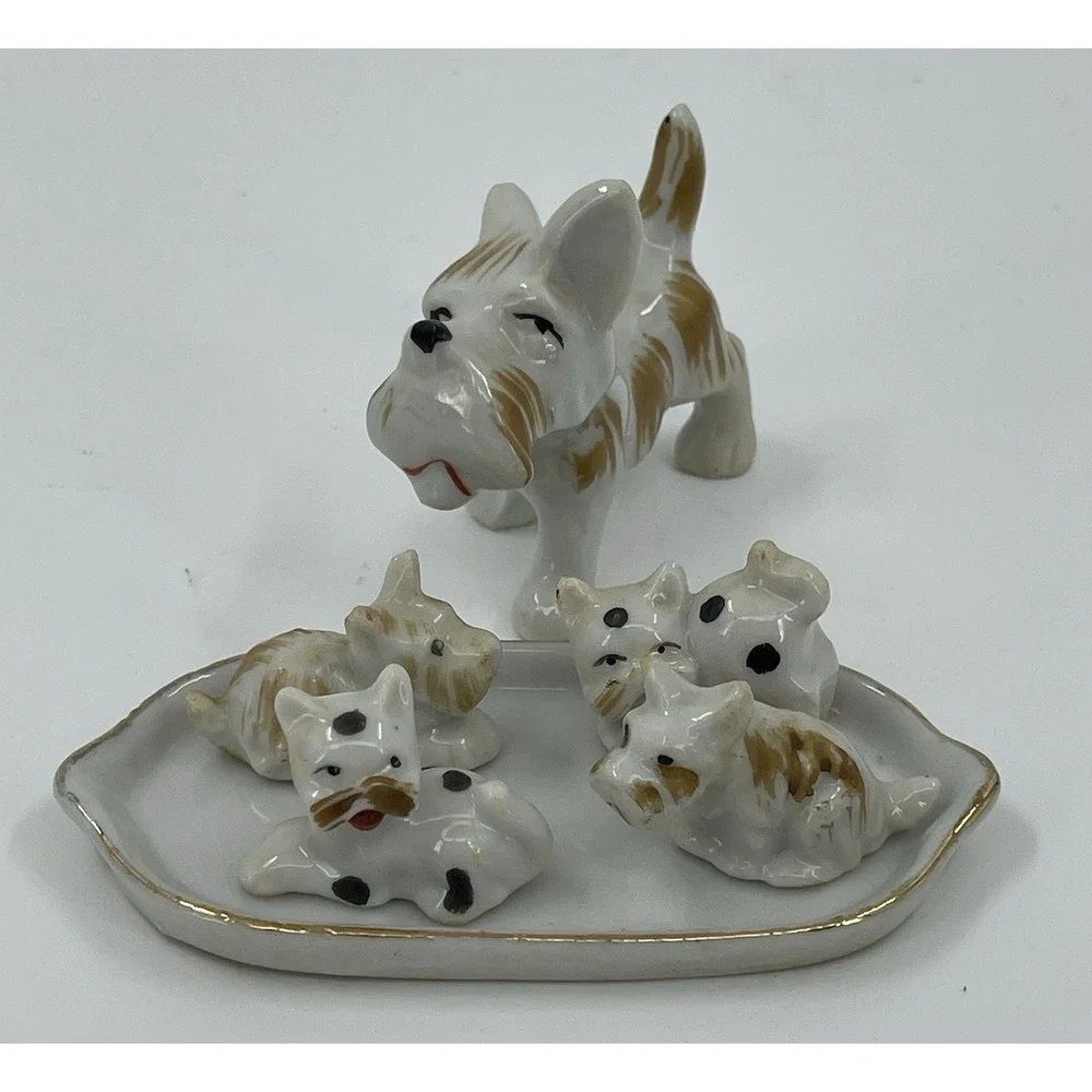 Terrier Small Dog w Puppies White Brown Occupied Japan Porcelain‎ Figurines HTF